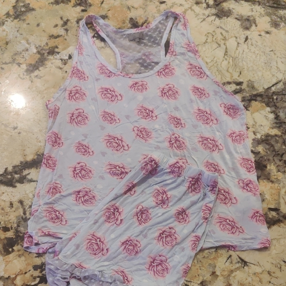 Daisy Fuentes Light Blue Tank & Shorts Pajama Set with Pink Rose Print
